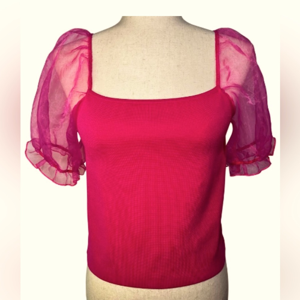House of Harlow 1960 body con knit top with puffy sheer sleeves